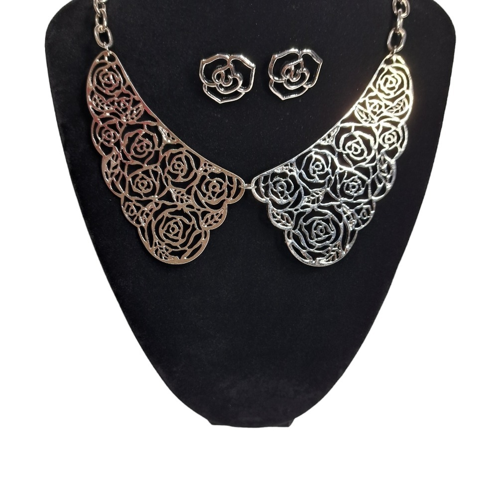 Women's Necklace & Earrings Set Silver Tone Metal Filigree Rose Designs